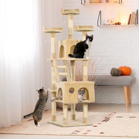 Arbre à chat géant avec griffoir (60 x 50 x 181 cm), plateformes multiples, échelles, niches, jouets et centre d'activités. Couleur : beige.