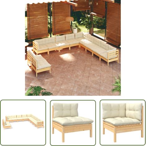 The Living Store 11-tlg. Garten-Lounge-Set mit Creme Kissen Massivholz Kiefer - Gartenzubehör - Lounge Set - Gartenmöbel - Esszimmergarnitur - Outdoor Möbel (1/5)