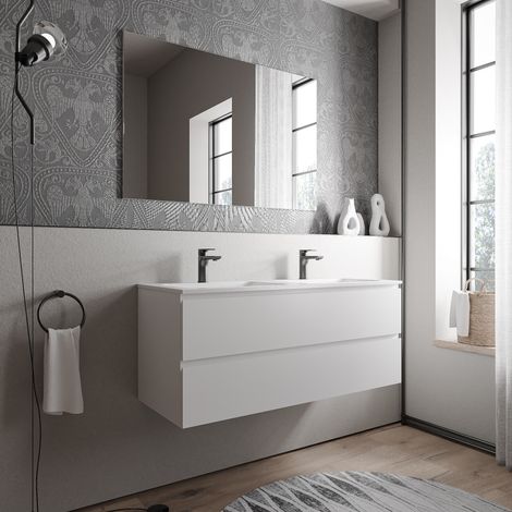 BERNSTEIN - Grand meuble vasque de salle de bain MDF Blanc mat avec lavabo fonte minérale Blanc mat - 120x45,6x50cm - AVA CREAM - Blanc mat, Blanc mat avec trou pour robinetterie