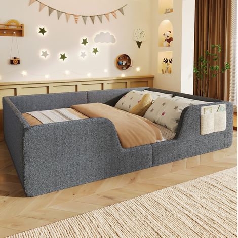 REDOM - Letto per bambini 140x190 cm con sponde laterali removibili e tasca portaoggetti, velluto grigio (materasso non incluso) (1/5)