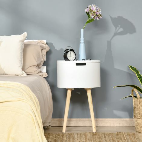 HOMCOM Tavolino laterale moderno per soggiorno, comodino con piano rimovibile, vano portaoggetti e gambe in legno per camera da letto, angolo divano, Ø38x63 cm, bianco