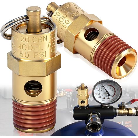 Lot de 2 Soupape de Décharge de Pression d'Air pour Compresseur d'Air Pression de Réglage de 150 PSI, NPT Valve de Décharge de Pression en Laiton pour Compresseur D'air 11 Bar (1/4") (1/5)