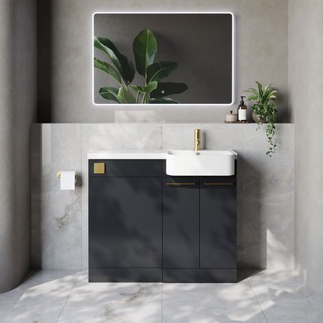 Napoli 250 Gloss Grey 1000mm 2 Door Vanity Unit Toilet Suite with Right Hand Round Rico Semi Recessed Basin - 1000mm - Brushed Brass 160mm HandleWithout Kingston Toilet Pan