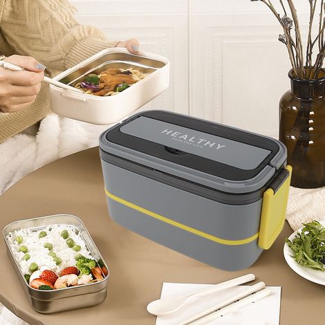 Lunchbox im japanischen Stil, entwickelt für Schüler und Büroangestellte, tragbar, unterteilt, mikrowellengeeignet, grau. (1/5)