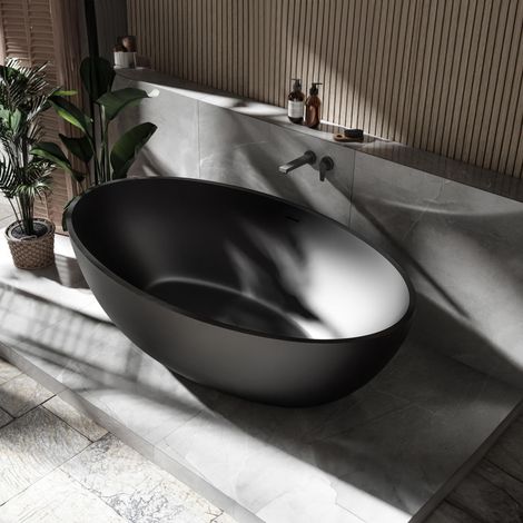 Vasca da bagno freestanding RELAX in colata minerale - 176 x 103 cm - vari colori - accessori opzionali Nero (opaco), Senza rubinetteria, Con sistema di drenaggio