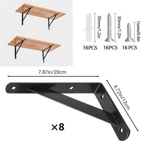 8 Pcs Supports Triangulaires de 90 Degrés en Acier, Equerre Etagere Murale, Équerres Étagères 200mm x 120mm, Support d'angle Brace (Noir) (1/3)