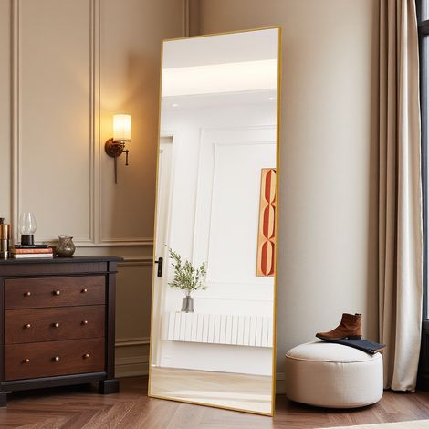 Miroir Plein Corps, 177 x 77 cm, Verre Trempé Épais, Cadre Aluminium, Sur Pied & À Suspendre, pour Chambre Salon Entrée, Doré Rectangulaire (1/5)