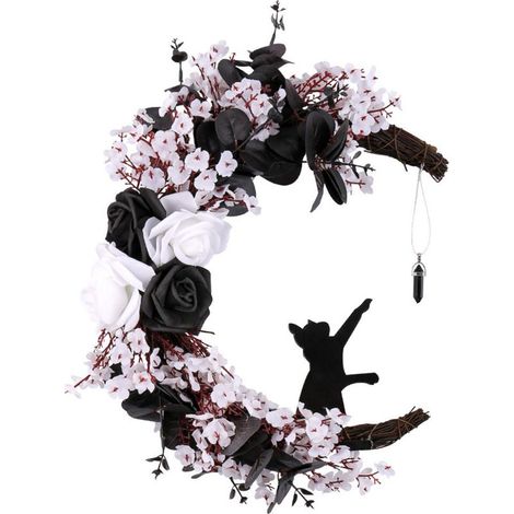 (Resserrer un peu plus le sac) Couronne de fleurs d'Halloween avec fleurs blanches, roses noires, branches sèches, lune et chat, décoration de fenêtre ronde en rotin simulant un fantôme (Les clients d (1/2)