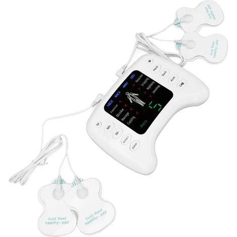 8-Modus-Muskelstimulator mit 10 Einheiten, wiederaufladbares Zweikanalgerät mit 4 Elektrodenpads und elektrischem Impulsmassagegerät.