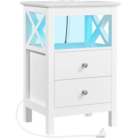 Yaheetech – Table de chevet blanc en MDF avec station de charge – 2 tiroirs – Éclairage LED RGB personnalisable – Dimensions 40x30x60 cm