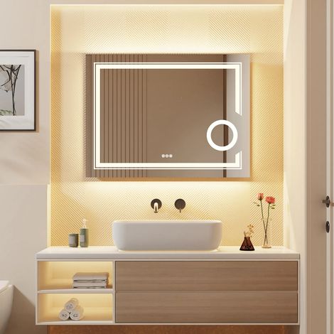 LUVODI Espejo de Baño Luz LED Antivaho con 3X Aumento Pared Moderno Interruptor Táctil, 600 x 800mm