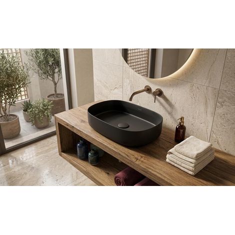 Lavabo ovale da appoggio senza troppo pieno in ceramica senza foro rubinetto - Nero Opaco