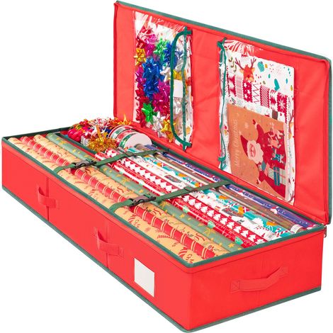 Organisateur de papier cadeau à placer sous le lit : peut contenir 24 rouleaux, comprend des séparateurs amovibles et des poches pour les rubans, les ornements et les décorations de Noël, rouge. (1/5)