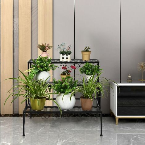 Montage facile étagère à plantes métal 3 niveaux, support fleurs gain de place pour intérieur et extérieur (1/5)