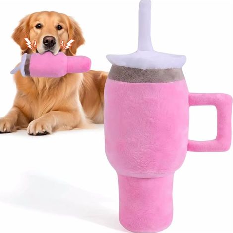 Tazza d'acqua in peluche per cuccioli, giocattolo morbido e divertente, progettato per essere masticato, sicuro per cani di piccola, media e grande taglia (1 rosa)