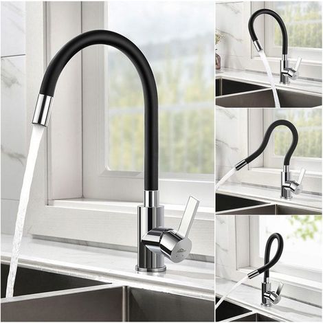 Robinet de Cuisine Flexible Rotatif 360° Mitigeur Cuisine avec Tuyau Noir en Silicone, Barboteur à économie d’eau