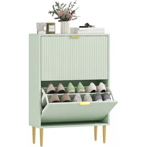 HOMCOM Slim Shoe Storage Cabinet with 2 Flip Drawers for Hallway, Light Green
