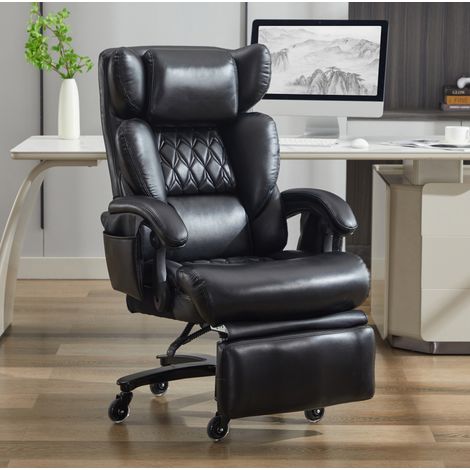 Fauteuil de bureau en cuir PU noir avec massage, chauffage, repose-pieds et inclinaison 90-150°, 88x70x112,5 cm (1/5)