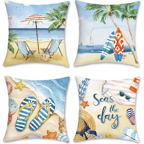 JSSEVN - Beach Cushion Cover 45 x 45 cm Starfish Surfboard Palm Tree Coastal Landscape Soft Velvet Decorative Pillowcase for Living Room 4 Pieces (1/5)