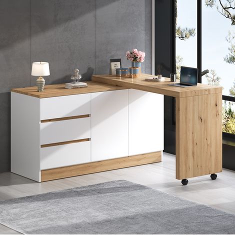 Faltbarer Schreibtisch 120 x 50 x 78 cm mit Rollen und Stauraum, Weiß/Eiche OKMYHOME (1/5)