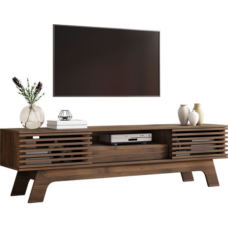 Meuble TV Noyer 150x35x44cm Rangement Tiroirs Portes Passe-Câbles Brillant MDF Salon Rangement Pratique Confort et Fonctionnalité (1/5)