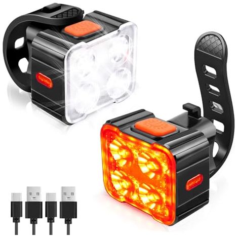 Lumière Vélo Avant et Arrière - 1 set LED Ultra Slim Rechargeable USB Étanche - 8+12 Modes - VTT VTC Cyclisme Nuit