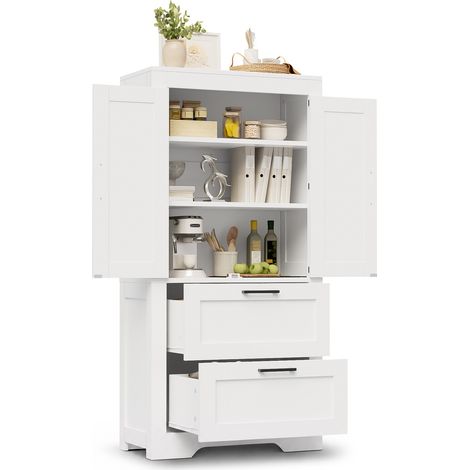 Armoire de cuisine blanche style campagne avec 2 tiroirs et étagères réglables, meuble de rangement 60x30x128cm (1/5)