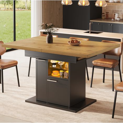 Mesa de comedor extensible (140x80x77.2 cm), con almacenaje, sistema de iluminación multicolor, MDF negro (1/5)