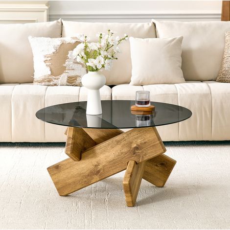 Tavolino rotondo con piano in vetro temperato Ø 79 cm e base MDF effetto legno OKWISH (1/5)