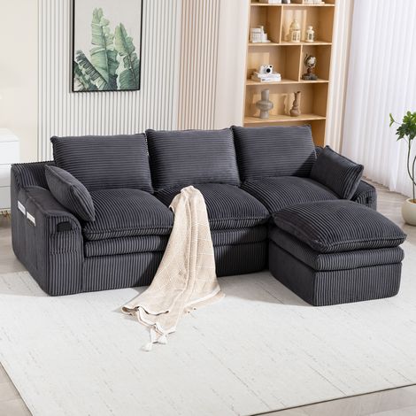 Divano modulare 263x167x85 cm grigio scuro in velluto a coste con pouf, cuscini e tasche laterali (1/5)