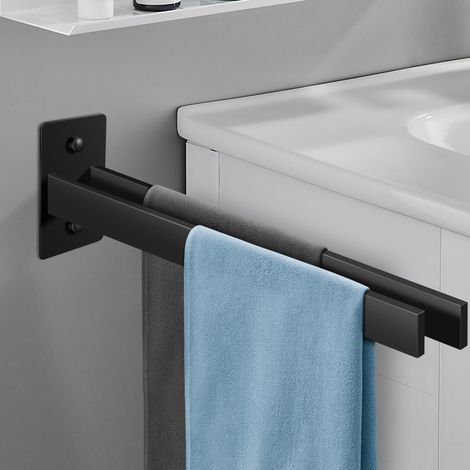 Porte-Serviettes Double Bras en Acier Inoxydable Noir - Support Mural Adhésif ou Vis pour Salle de Bain et Cuisine - 39x10x5 cm (1/5)