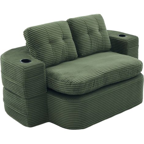 CHICFURN Fauteuil convertible 2 en 1 velours côtelé vert émeraude avec assise extra profonde, haut dossier, 2 porte-gobelets et poches latérales pour salon (1/5)