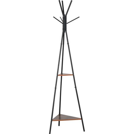 Porte-manteau trépied style industriel branches 2 étagères + 6 patères dim. 52L x 46l x 182H cm métal noir panneaux particules boisés (1/5)