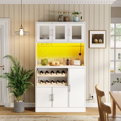 Buffet cuisine 100x40x180 cm en MDF blanc, avec rangement et LED pour salle à manger FloraGrace (1/5)