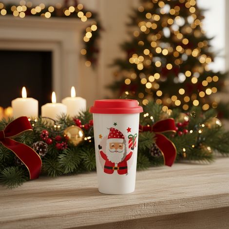 Tazza in ceramica con coperchio di silicone e immagini natalizie, da h 14 cm -Babbo Natale (1/5)