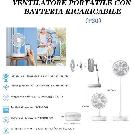 TRADE SHOP - Ventilatore Portatile Con Batteria Ricaricabile P30 Design Pieghevole Salvaspazio - (1/5)