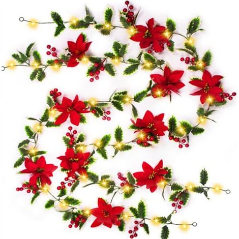 2 pièces Guirlande de poinsettia artificiel de 3 m avec 30 LED, guirlande lumineuse de fleurs pour décoration de table, à piles (1/5)