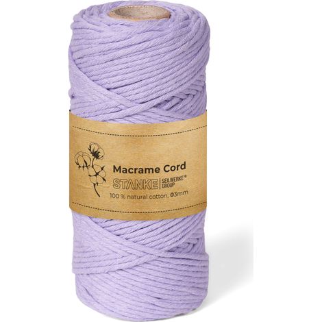 STANKE Fil macramé 3mm 100 m couleur Violet - fil de coton pour crochet, DIY boho, paniers, attrape-rêves - corde coton pour guirlandes, dessous de verre, sacs - 100% cotton, torsadé, grande bobine