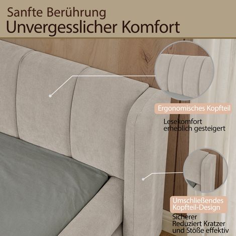 Lit 160x200, canapé-lit double en tissu velours côtelé, tête de lit rembourrée, structure solide bois d'eucalyptus et métal, montage simple, couleur sable, sans matelas inclus (1/5)