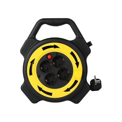 Rallonge de 10 m avec 4 prises Schuko, enrouleur de câble 3000 W, 16 A, protection contre les surcharges et la surchauffe, câble H05VV-F de 1,5 mm², avec interrupteurs, portable, noire et jaune (1/5)