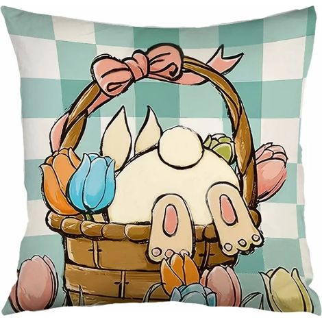 Housse De Coussin Paques - Motif Lapin Et Fleurs - Tissu Peau De Peche - Fermeture Eclair Cachee - Pour Canape Chambre Salon - Lot De 4 (1/5)