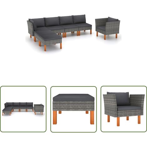 The Living Store Salon de jardin 7 pcs Résine tressée et bois d'eucalyptus Gris - Salon De Jardin - Mobilier De Jardin - Set De Salon De Jardin - Meubles De Jardin - Chaise Longue (1/5)