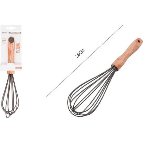 TRADE SHOP - Sbattiuova Frusta 10" Sbatti Uova In Silicone Manico Legno 26 Cm Da Cucina 50739 - (1/2)