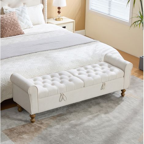 Banco baúl de almacenamiento (134.5x30x49 cm), con 2 tapas abatibles, gran espacio de guardado, chenilla beige (1/5)