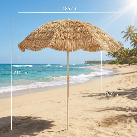 Parasol de plage Ø1,85m kaki style hawaïen, inclinable hauteur réglable sac transport (1/5)