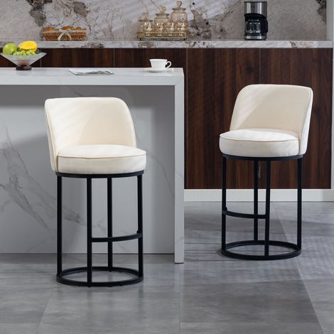 Lot de 2 tabourets de bar tissu lin pieds métal design moderne beige