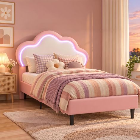 Lit Enfant capitonné 90x190 cm, Lit fille - Tête de Lit Nuage avec LED - Sommier à Lattes Inclus, Design Scandinave, Rose (1/5)