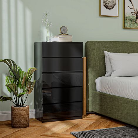 Commode à 5 tiroirs, style moderne, idéale pour chambre, entrée ou salon, 55 x 34 x 100 cm, noire. (1/5)