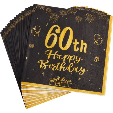 40 Serviettes en papier, 60ème anniversaire, noir et or, jetables, décoration de table, fête hommes femmes (1/5)