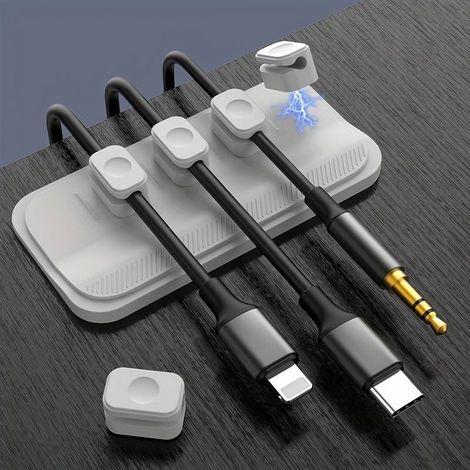 Gestion magnétique des câbles, clips de fixation, support de câble de bureau multifonctionnel, 5 clips pour câble Lightning, USB-C et micro-USB, adhère au bois, au marbre, au métal et au verre.
